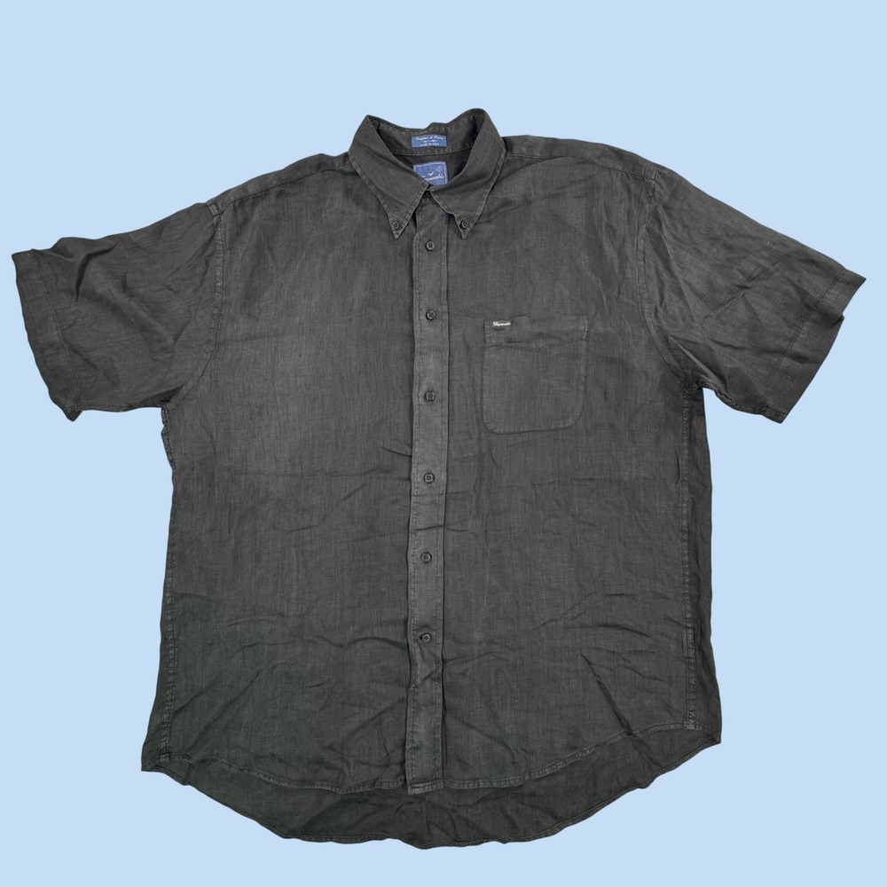 Faconnable Mens XXL Black 100% Linen Short Sleeve Button Down Shirt France
